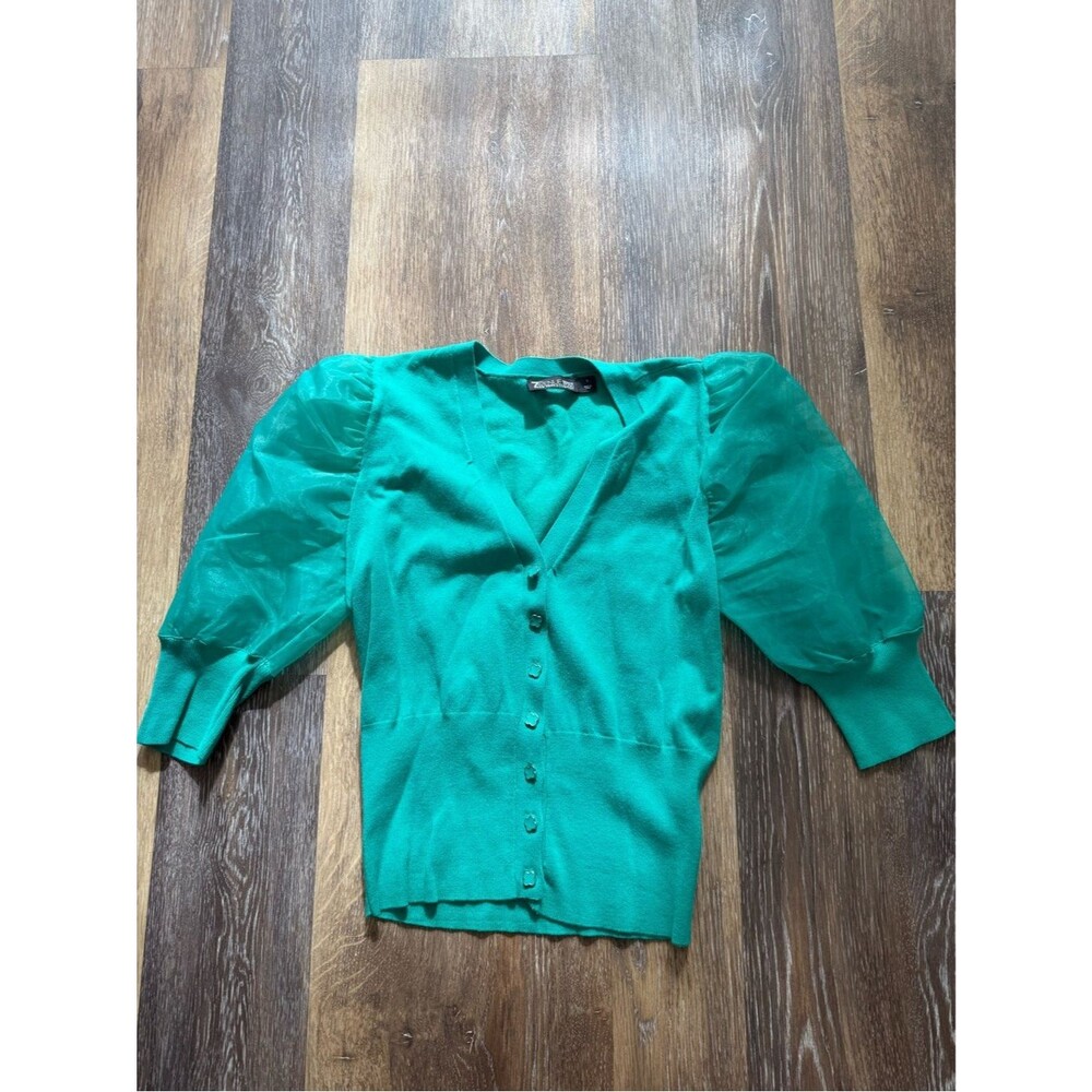 Y2K Emerald Organza Puff Sleeve Knit Top